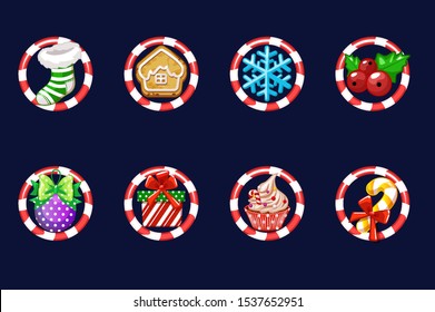 Set Christmas icons. Vector New Year decoration. Illustration of Xmas festive Christmas isolated symbols in frame.