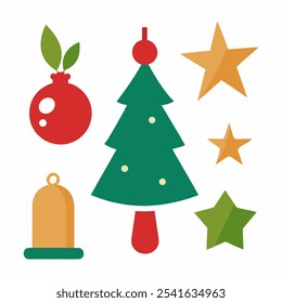 Set christmas icons in vector. Christmas star, bells, candle and the branch of a Christmas tree with decorations. on white back