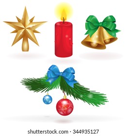 Set christmas icons in vector. Christmas star, bells, candle and the branch of a Christmas tree with decorations. 