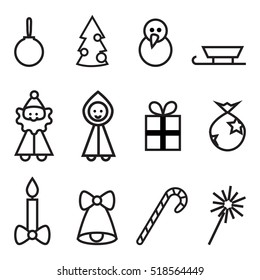 A set of Christmas icons for web design. Icon Christmas ball, Christmas tree, snowman, sleigh, Santa Claus, Snow Maiden, a gift, a gift bag, candy cane, Christmas bells, candy, Bengal fire