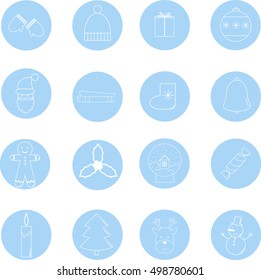 Set of Christmas icons. White lines on the blue round background Xmas and New Year icons. Simple shapes in winter style.