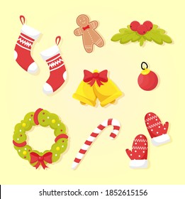 Set of Christmas icons. Xmas decoration element. Flat Illustration