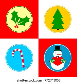 Set Christmas icons, Xmas symbols, flat design template, isolated circle stickers, vector illustration