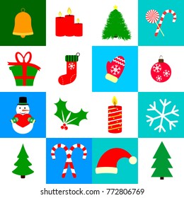 Set Christmas icons, Xmas symbols, flat design template, big collection isolated elements, vector illustration