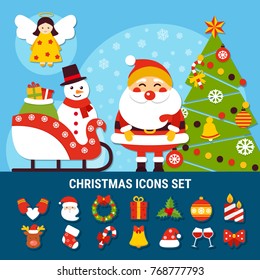 Set of christmas icons with year tree, snowman on sleigh, angel, santa, holiday decorations isolated vector illustration 