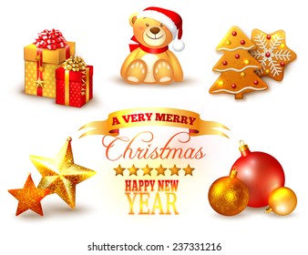 Set of Christmas icons in yellow and red color scheme