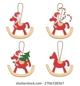 Conjunto de iconos de Navidad. Colección de decoraciones de árboles de Navidad caballos rojos aislados sobre fondo blanco. Conjunto de Vectores para diseños de Navidades.