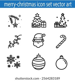 Set of Christmas iconsignsymbol vector art illustration with cookie, Christmas tree, bell, present, snowman, bag, Christmas hat, penguin, ribbon, striped candy,