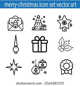 Set of Christmas iconsignsymbol vector art illustration with cookie, Christmas tree, bell, present, snowman, bag, Christmas hat, penguin, ribbon, striped candy,