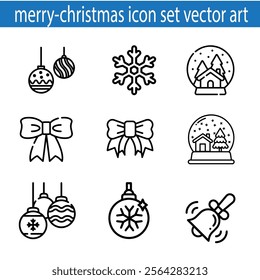 Set of Christmas iconsignsymbol vector art illustration with cookie, Christmas tree, bell, present, snowman, bag, Christmas hat, penguin, ribbon, striped candy,