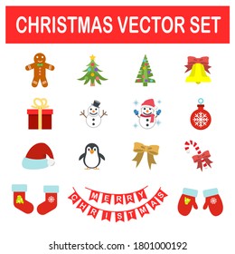 Set of Christmas icon/sign/symbol vector with cookie, christmas tree, bell, present, snowman, bag, christmas hat, penguin, ribbon, striped candy, socks, gloves, and decoration. Christmas Vector Set.