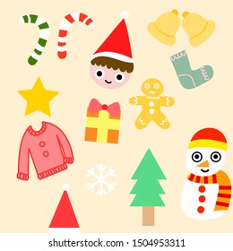 Set of christmas icons.Pastel christmas and Happy New Year stickers.Cute doodle winter stickers. 