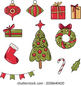 Conjunto de ilustraciones navideñas. Decoraciones navideñas. Pine, regalos, corona. Ilustraciones de Año Nuevo 2020