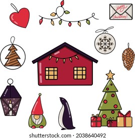Set of Christmas illustration. Christmas decorations. Pine, presents, wreath. New year 2020 illustrations
