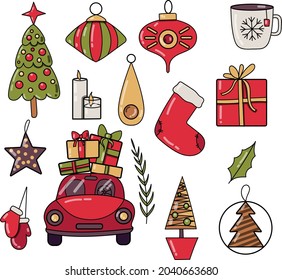 Set of Christmas illustration. Christmas decorations. Pine, presents, wreath. New year 2020 illustrations