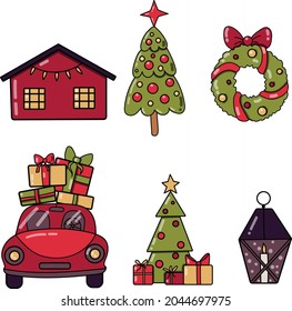 Set of Christmas illustration. Christmas decorations. Pine, presents, wreath. New year 2020 illustrations