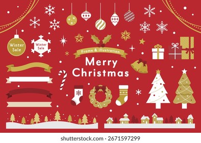 Eine Reihe von Weihnachts-Illustrationsmaterialien und -rahmen.
Illustrationen von Dekorationen und Ornamenten wie Weihnachtsbäume, Geschenke, Schneeflocken, Bänder und Ornamente.