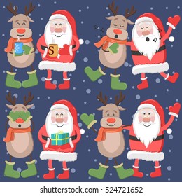 Set of Christmas illustration with Santa Claus and deer / New Year characters