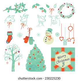 Set of Christmas illustration, symbols, icons, vector 