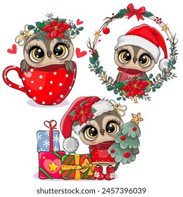 Set of Christmas illustrations Cute Cartoon owl