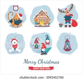 Set of Christmas Illustrations. Deer with garland. Little bear with a cup. Three funny gnomes. Gingerbread house. A little angel flies over the city. Lantern with burning candle.