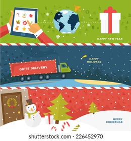 Set of Christmas Illustrations. Delivery Truck with Gifts. Shipping Xmas Gifts Concept. Online Holiday Shopping. Snowman, Christmas Tree, Snow Globe, Mittens and other Holiday Icons. Winter Landscape.