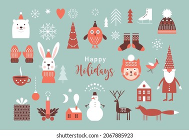 Set of Christmas illustrations, design elements. Big vector collection of xmas elements