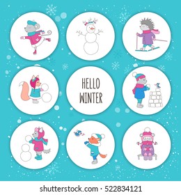 Set of Christmas illustrations. Forest animals and snowman. Skating, skiing, build a fortress, playing snowballs, drinking tea. Winter greetings