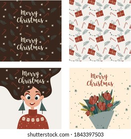 Set of Christmas illustrations. Girl in a sweater, bouquet of flowers, New Year's pattern.