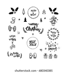 Set of Christmas illustrations and handwritten phrases. Vector illustration.