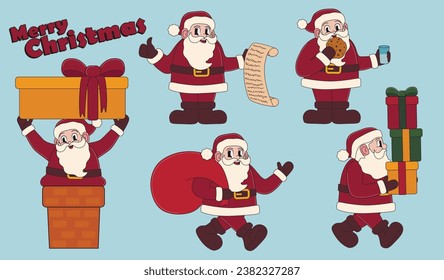Set of Christmas illustrations. Happy Santa Claus with gifts, bag with gifts, list of gifts and with cookies. Vector illustrations.