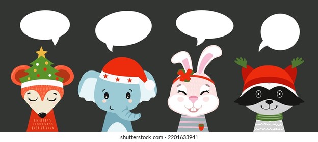 Set of christmas illustrations for the heads of animals. Vector xmas illustration of beautiful mammals.