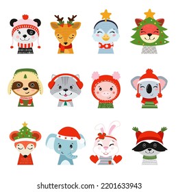 Set of christmas illustrations for the heads of animals. Vector xmas illustration of beautiful mammals.