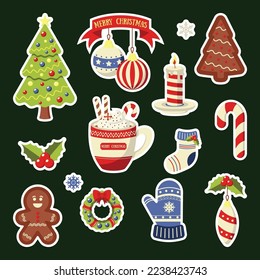 poner ilustraciones navideñas sobre un fondo verde oscuro, pegatinas temáticas con árboles con decoraciones y juguetes, copos de nieve, taza de chocolate caliente con malvaviscos y caramelos, calcetín y guante, vela