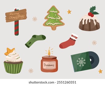 set of Christmas illustrations on a light background, featuring a Merry Christmas sign, holiday treats, socks, a candle, and seasonal decor like stars and snowflakes.