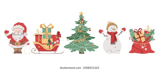 Set of Christmas illustrations on white background. Santa Claus with sleigh, Christmas tree, snowman and gifts. Suitable for design of cards, banners, stickers, etc