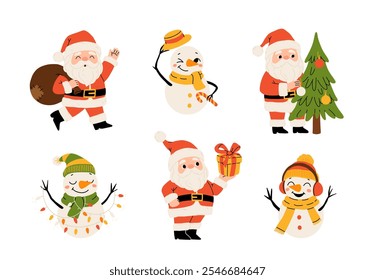 Set of Christmas illustrations on white background. Santa Claus with Christmas tree, snowman and gifts. Suitable for design of cards, banners, stickers, etc