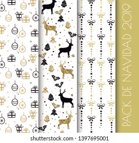 Set of Christmas illustrations patterns in white, black and gold, perfect to decorate showcases. Vector background for Christmas.