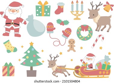 A set of Christmas illustrations.
Santa Claus, reindeer, Christmas decorations and presents.