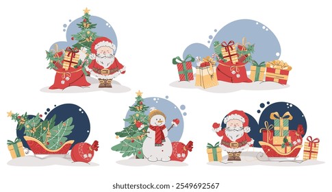 Set of Christmas illustrations with Santa Claus, snowman, gifts and Christmas tree. Holiday vector for cards, banners, backgrounds, etc.