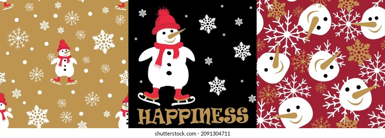 
Set of Christmas illustrations, seamless patterns. Snowmen, snowflakes. Set for stickers, fabrics, packaging, postcards.