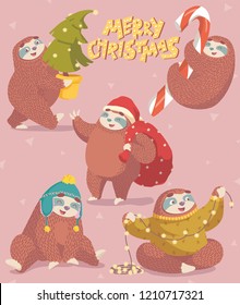 Set of Christmas illustrations with sloth. Merry Christmas lettering. Children's illustrations. Christmas card design