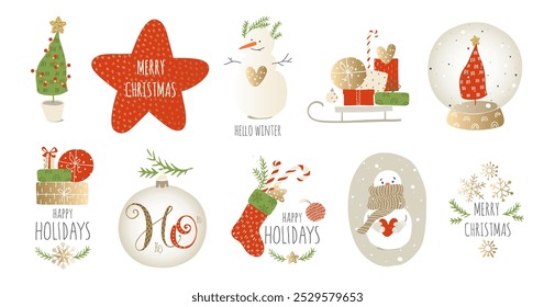 Set of Christmas illustrations, stickers. Graphic snowman, gifts, Christmas tree, Christmas stocking, star, sled.