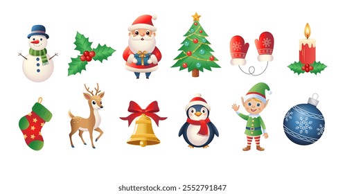 A set of Christmas illustrations. Suitable for winter and New Year themes. Santa Claus, deer, penguin, snowman, candle, sock, holly, Christmas tree, bell, mittens, Christmas ball.