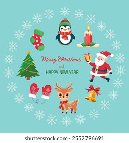 A set of Christmas illustrations. Suitable for winter and New Year themes. Santa Claus, deer, penguin, candle, sock, Christmas tree, bell, mittens
