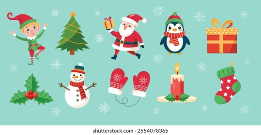 A set of Christmas illustrations. Suitable for winter and New Year themes. Santa Claus, elf, penguin, snowman, candle, sock, holly, Christmas tree, gift, Christmas ball, mittens