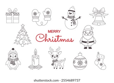 A set of Christmas illustrations. Suitable for winter and New Year themes. Santa Claus, deer, penguin, snowman, candle, sock, holly, Christmas tree, gift, bell, Christmas ball.