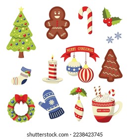 set Christmas illustrations, themed stickers featuring tree with decorations and toys, snowflakes, cup of hot chocolate with marshmallows and candies, sock and glove, candle and wreath