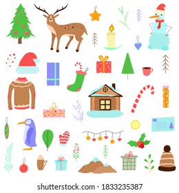 Set of Christmas illustrations. Vector cartoon icons. Isolated objects on white. Flat design.