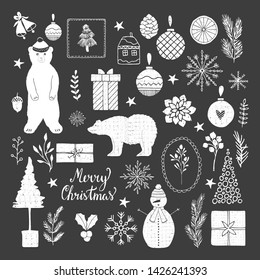 Set of Christmas illustrations. Vector sticker design. Holiday fancy elements. Isolated illustration.